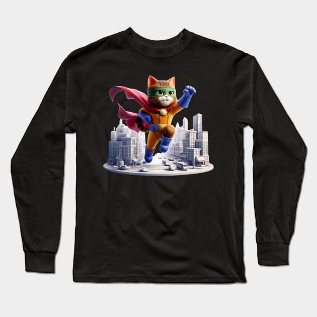 Superhero Cat to the Rescue – Urban Vigilante Sticker Long Sleeve T-Shirt by vk09design